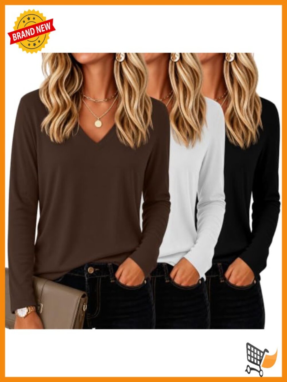 Riyiper 3 Pack Womens V Neck Long Sleeve T-Shirt Set Loose Fit